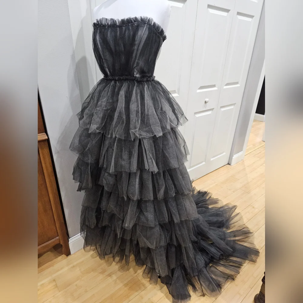 Dolls Kill Unholy Dramatic Flair Tiered Black Gray Tulle Maxi Dress Gown S - Picture 2 of 16